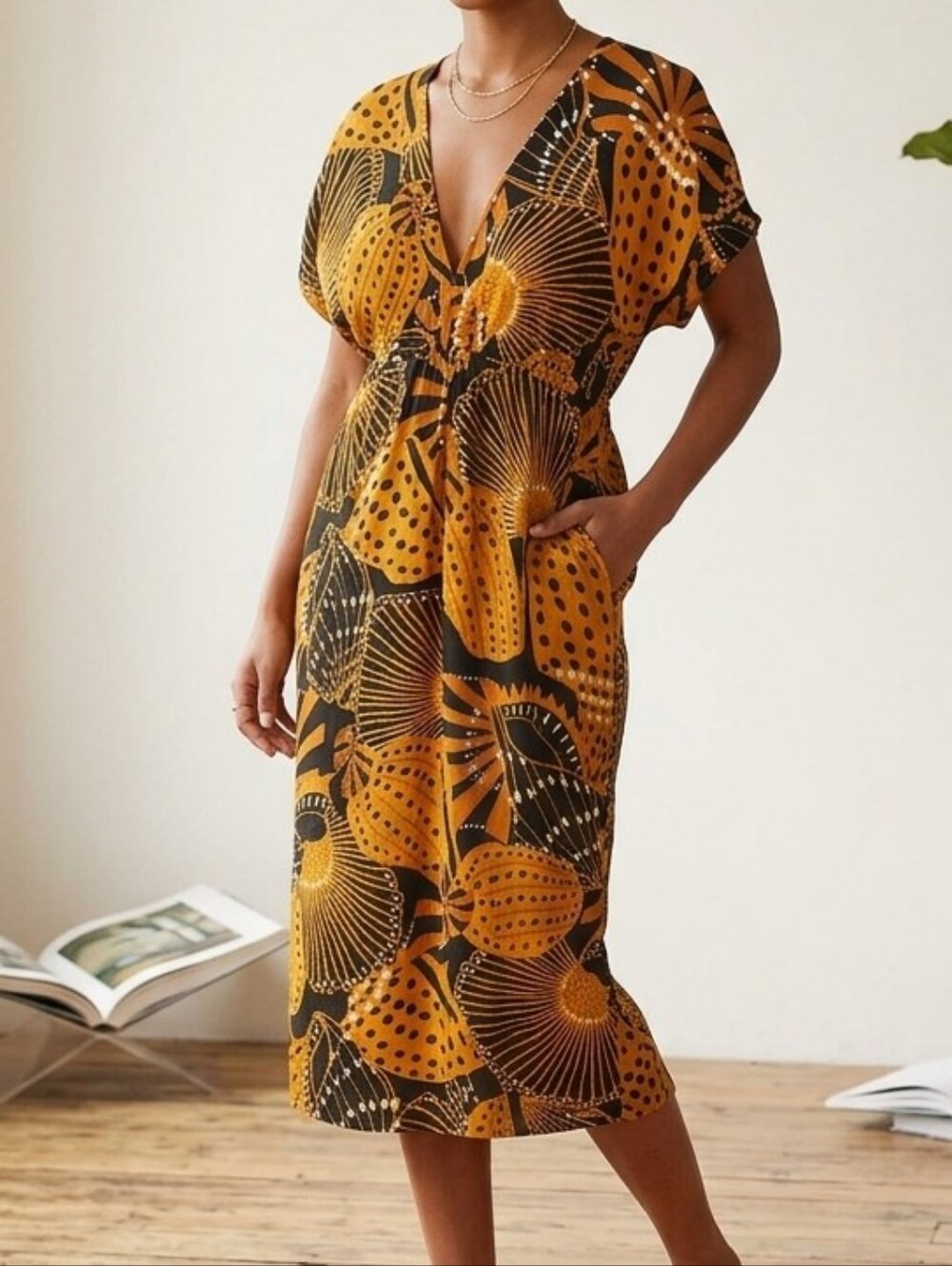 FARM Rio Brazil Butterfly Floral Print V-Neck Midi Dress Orange Black Size M
